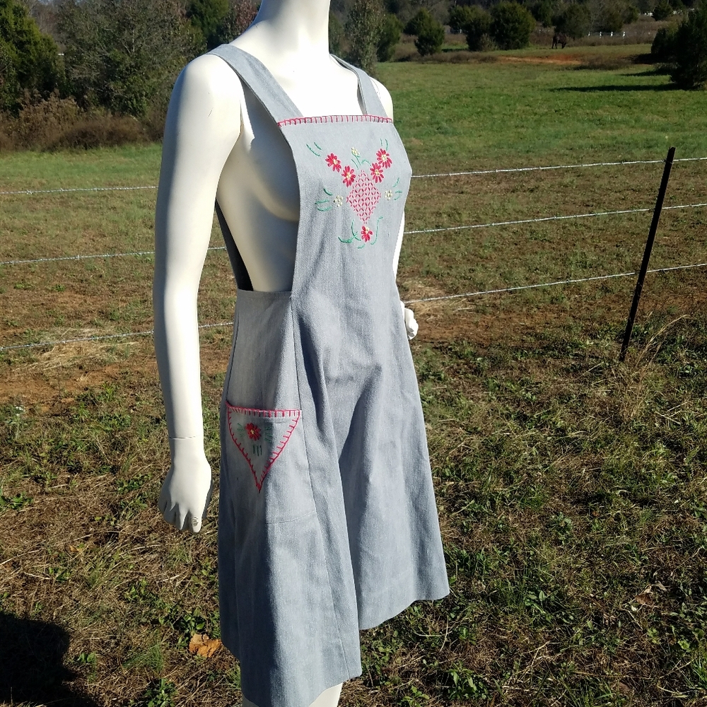 VTG Overall Dress Gray Floral Embroidered S M - Picture 4 of 12